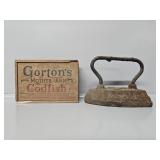 Gortons Codfish Wooden Box, Cast Iron Sad Iron