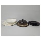 Purple Glass Tiered Plates, Pyrex Lid Covers,