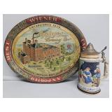 Beer Tray & German Beer Stein W/Pewter Lid