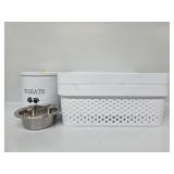 Treats Tin, Small Dog Bowls(2), White Plastic
