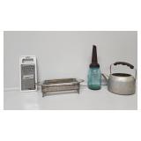 Tea Kettle, Cheese Grader, Anchor Hocking Glass