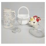 Hobnail Milk Glass Basket, Ceramic Pig Bank