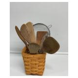 Longaberger Basket W/Wooden Utensils,Wisk,Strainer