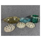Clear Glass Flower Frogs, Divided Aqua Candy Dish