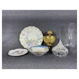 Gold Toned Oil Lamp Wall Sconces, Floral Plate,