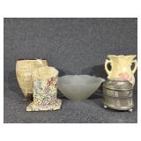 Roseville Pottery Pot, Frosted Glass Bowl,