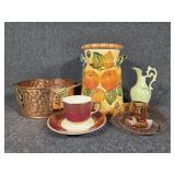 Pink Glass Candle Holder, Orange Ceramic Vase,