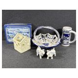 Handpainted Cream and Blue Glass Basket, Blue a