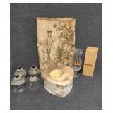 Glass Globes, Tapestry Table Runner, H.R.C. Glass