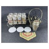 Frosted Glasses In A Metal Caddy, Shaker, Basket
