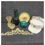 Green Glass Decanter, Decorative Plate, Green Bowl