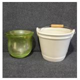 White Ceramic Bucket, Green Glass Vase