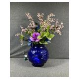 Cobalt Blue Glass Vase w/ Artificial Flowers