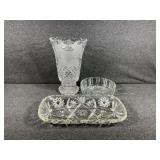 Cut Glass Dishes: Vase, Candy Dish with Lid, Tray