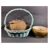 Green Ceramic Pot, Blue Basket, Round Basket