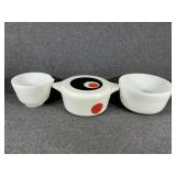 Pyrex Covered Tureen, Milk Glass Mixing Bowls