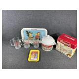 Campbell's Teakettle, Crock, Metal Tray's & Mugs