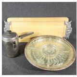 Wooden Platter with Metal Handles, Silver Toned