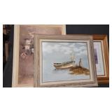 Framed Art Work Floral & Seascape Scene