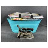 Blue Plastic Bin, Foldable Fabric Tote, Iron