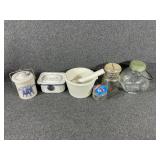 Porcelain Mortar & Pestle Set, Pottery Jar W/Wire