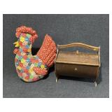 Sewing Box, Fabric Rooster Door Stop,