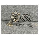 Cast Iron Trivets: Turtle, Fish. Cast Iron Bird