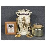 White Ceramic Vase with Golden Trim, Metal