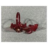 Fenton Red Glass Handpainted Basket, Fenton Red