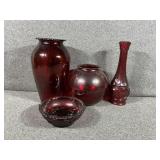 Red Glass Vase(3), Small Red Dish