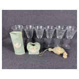 Clear Glass Etched Wine Glasses, Blue Ceramic