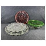 Green Uranium Glass Cake Tray, Pink Ribbon