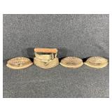 Sad Iron W/Wooden Hand & 3 W/O Handle