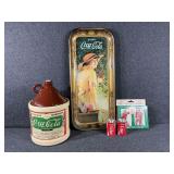 Coca-Cola Crock, Tray, Cards In A Tin