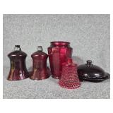 Red Glass Vase, Red Glass Votive Holders(2), Red