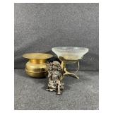 Metal Spittoon, Glass Crackle Bowl with Feather