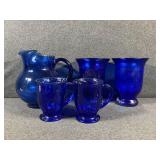 Blue Pitcher w/ Drinking Glasses and Vases(2)