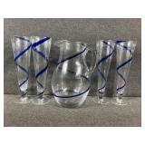 Mouth-Blown Cobalt Blue Swirl Pitcher & Glasses