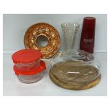 Coppertone Ring Mold, Covered Glass Bowls (2)