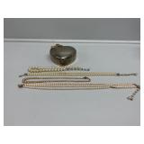 Heart Shaped Trinket Box w/Faux Pearl Necklace