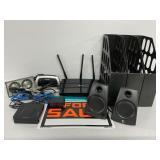 Wireless Router, Speakers, Sharp Alarm Clock