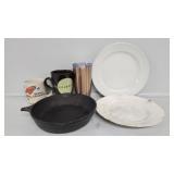 9IN Cast Iron Pan, Plates & Cups
