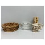 Pyrex Pie Dish, Wicker Pie Basket, Coffee Mugs(2)