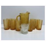Amber Glass Pitcher & Amber Tumblers (10)