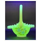 Fenton Satin Custard Glass Handpainted Basket
