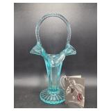 Fenton Sea Mist Glass Ruffled Edge Handled Basket