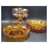 Carnival Glass Compote, Amber Hobnail Ashtray,