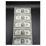 New $2 Bills Sequential (5) Series 2017A