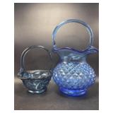 Blue Indiana Glass Dogwood Basket, Blue Diamond