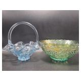 Fenton Blue Glass Ruffled Basket, Green Carnival